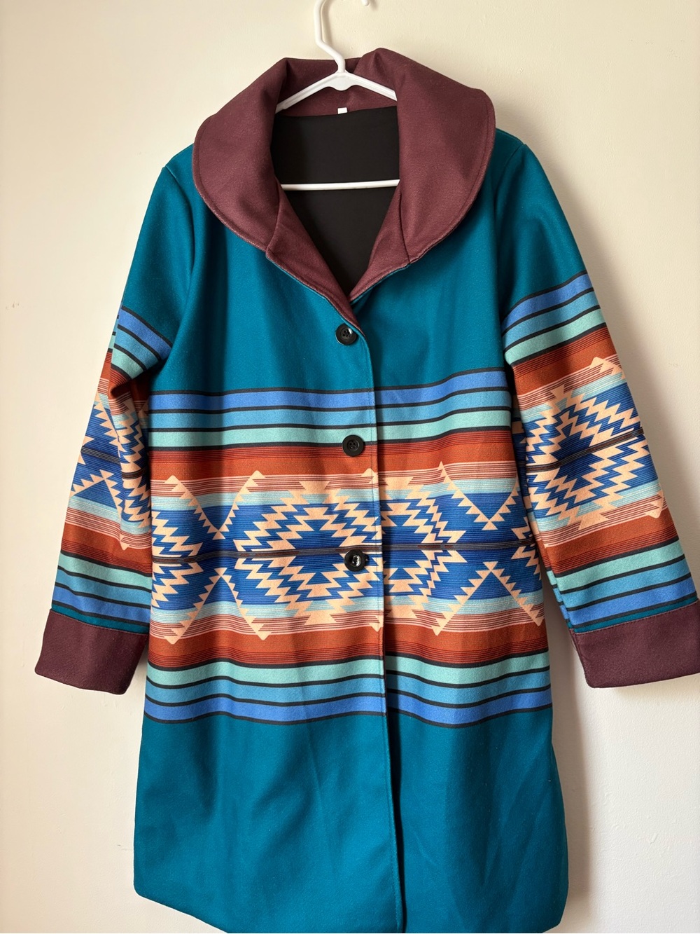 Teal Southwest Print Women’s Coat with Maroon Collar
